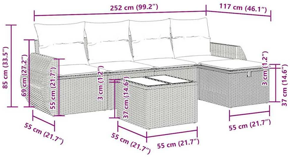 Lauko baldų komplektas Sofos komplektas su pagalvėlėmis, 6 dalių, pilkas, poliratanas