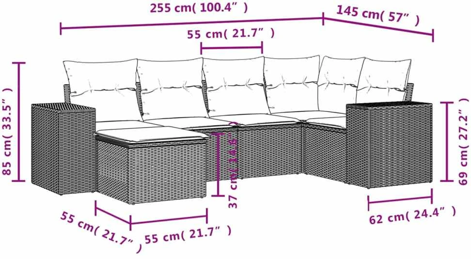 Sofa Sofos komplektas su pagalvėlėmis, 6 dalių, pilkas, poliratanas