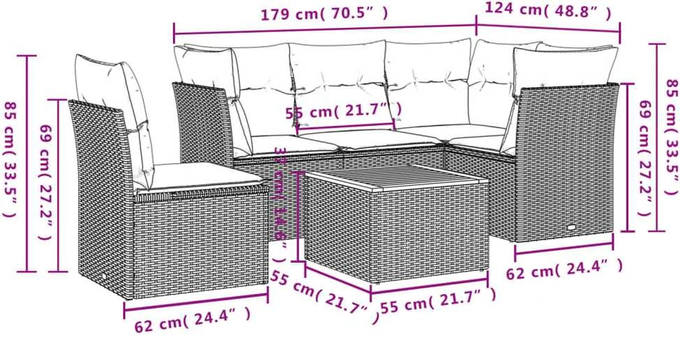 Lauko baldų komplektas Sofos komplektas su pagalvėlėmis, 6 dalių, juodas, poliratanas