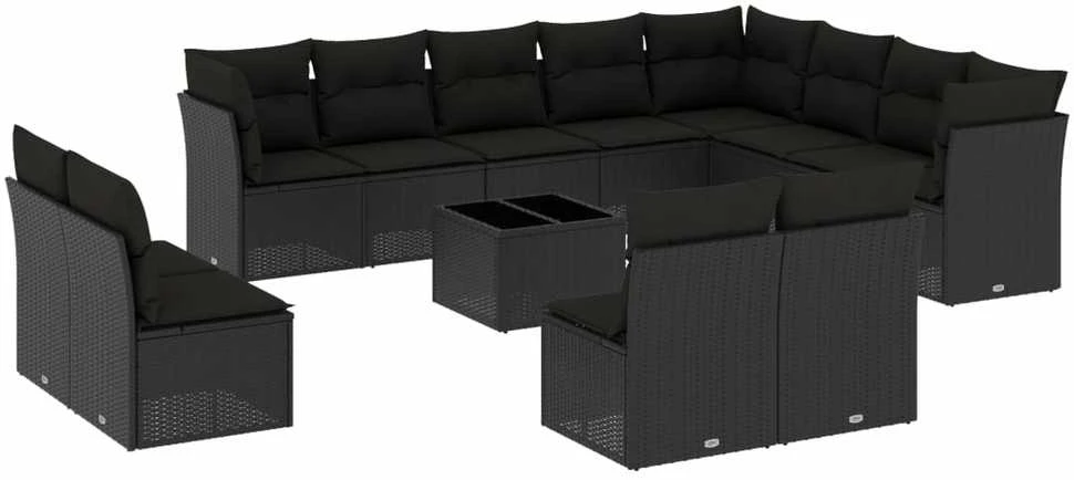 Lauko baldų komplektas Sofos komplektas su pagalvėlėmis, 13 dalių, juodas, poliratanas