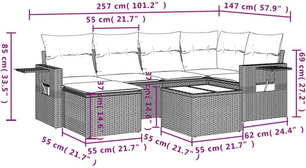 Lauko baldų komplektas Sofos komplektas su pagalvėlėmis, 7 dalių, pilkas, poliratanas