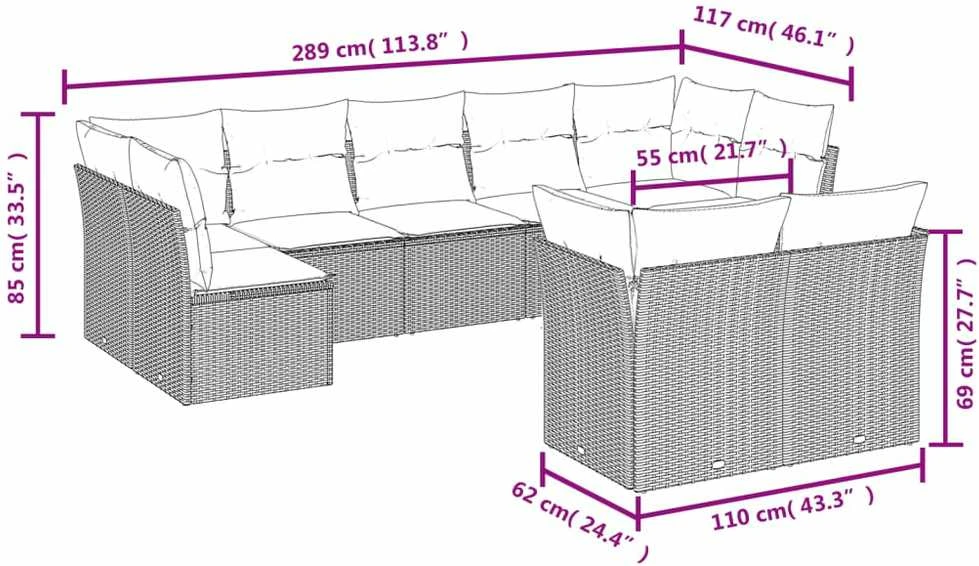 Sofa Sofos komplektas su pagalvėlėmis, 9 dalių, pilkas, poliratanas