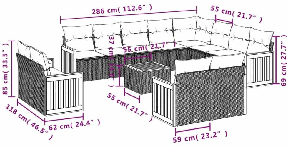 Sofa Sofos komplektas su pagalvėlėmis, 13 dalių, smėlio, poliratanas