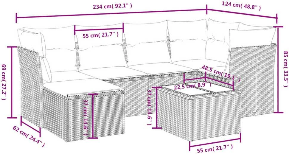 Sofa Sofos komplektas su pagalvėlėmis, 7 dalių, pilkas, poliratanas