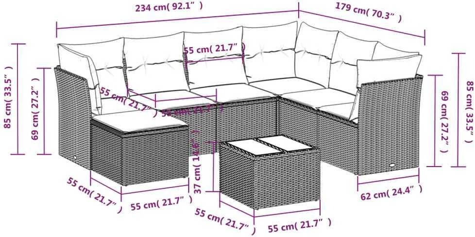 Lauko baldų komplektas Sofos komplektas su pagalvėlėmis, 8 dalių, juodas, poliratanas