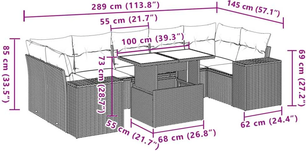 Lauko baldų komplektas Sofos komplektas su pagalvėlėmis, 8 dalių, juodas, poliratanas