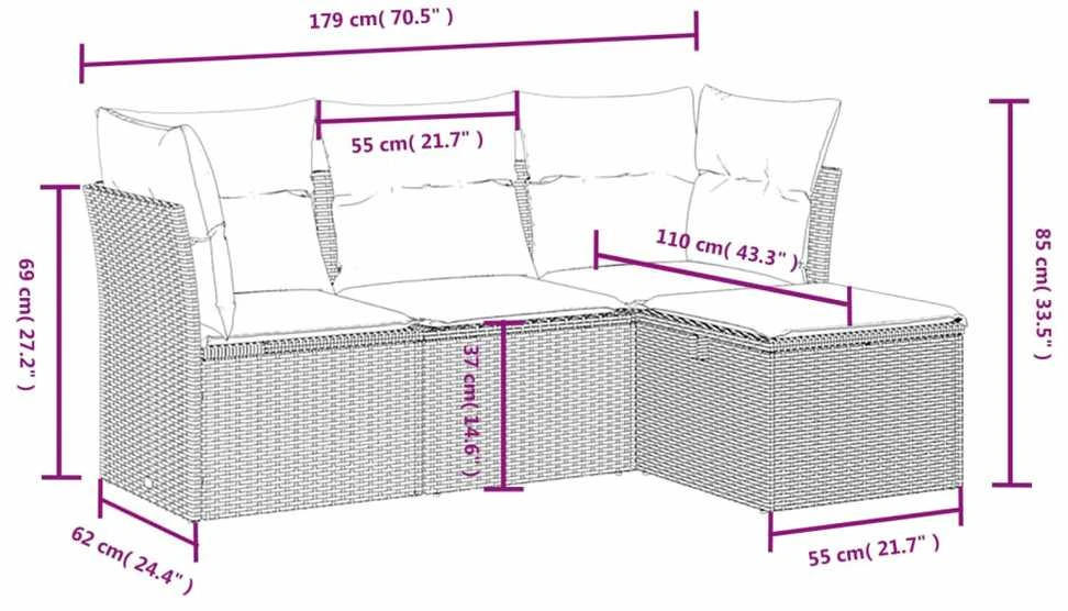 Sofa Sofos komplektas su pagalvėlėmis, 4 dalių, pilkas, poliratanas