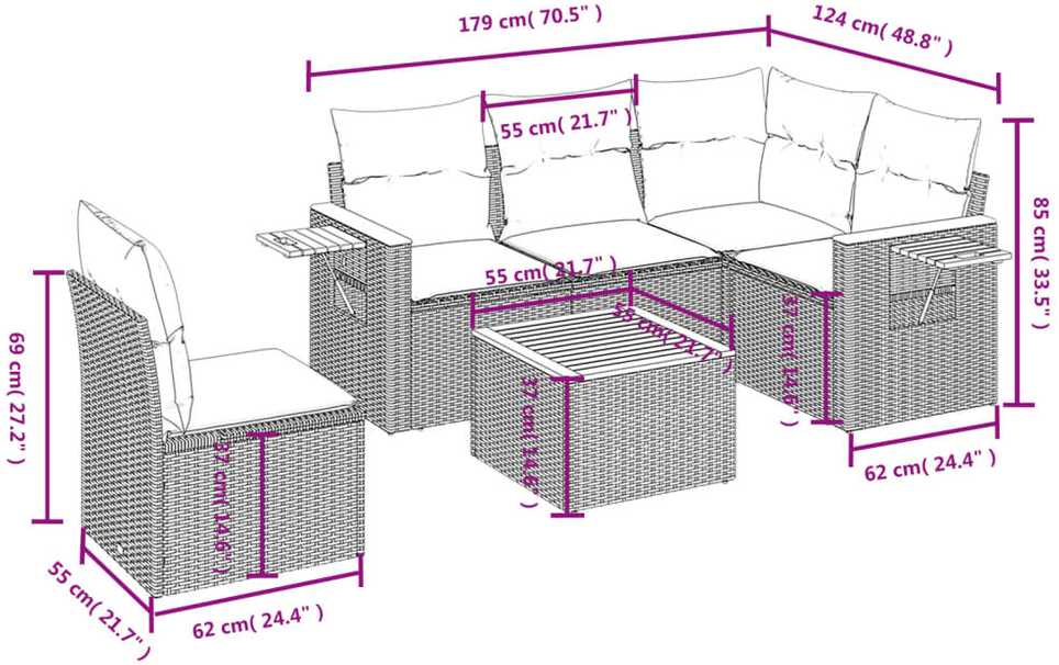 Sofa Sofos komplektas su pagalvėlėmis, 6 dalių, smėlio, poliratanas