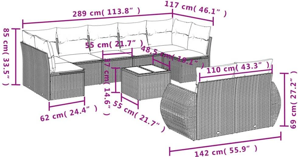 Sofa Sofos komplektas su pagalvėlėmis, 10 dalių, smėlio, poliratanas