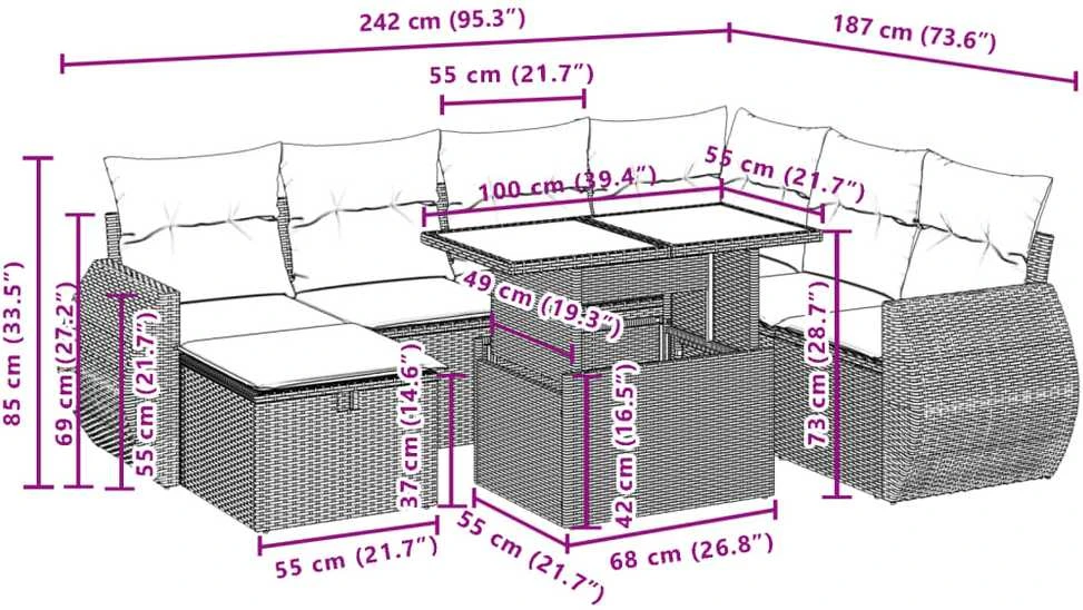 Lauko baldų komplektas Sofos komplektas su pagalvėlėmis, 8 dalių, juodas, poliratanas