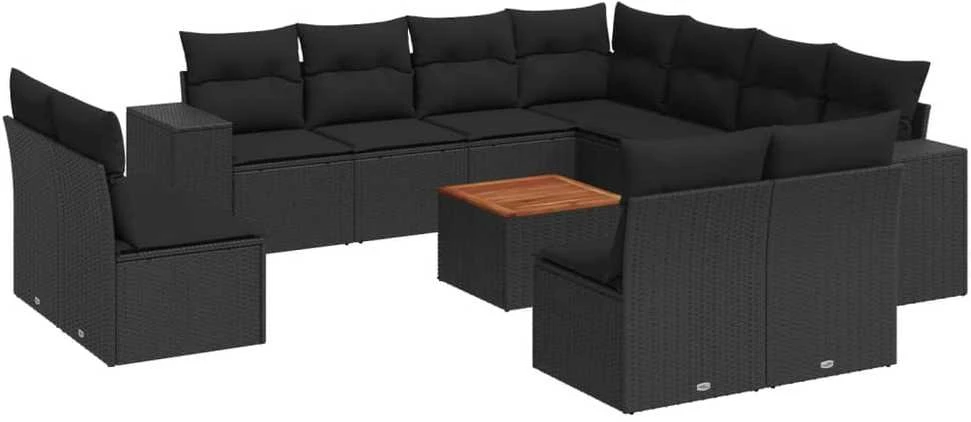 Sofa Sofos komplektas su pagalvėlėmis, 12 dalių, juodas, poliratanas