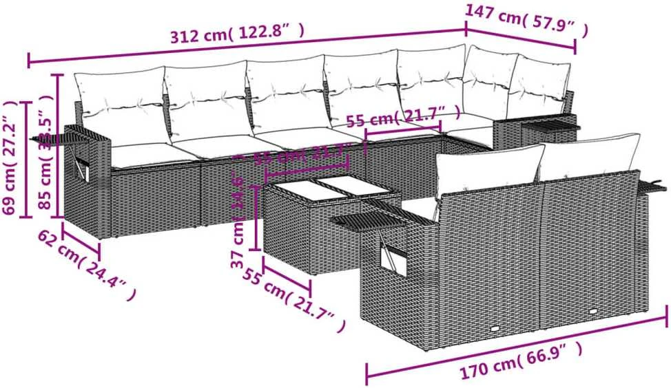 Sofa Sofos komplektas su pagalvėlėmis, 9 dalių, pilkas, poliratanas