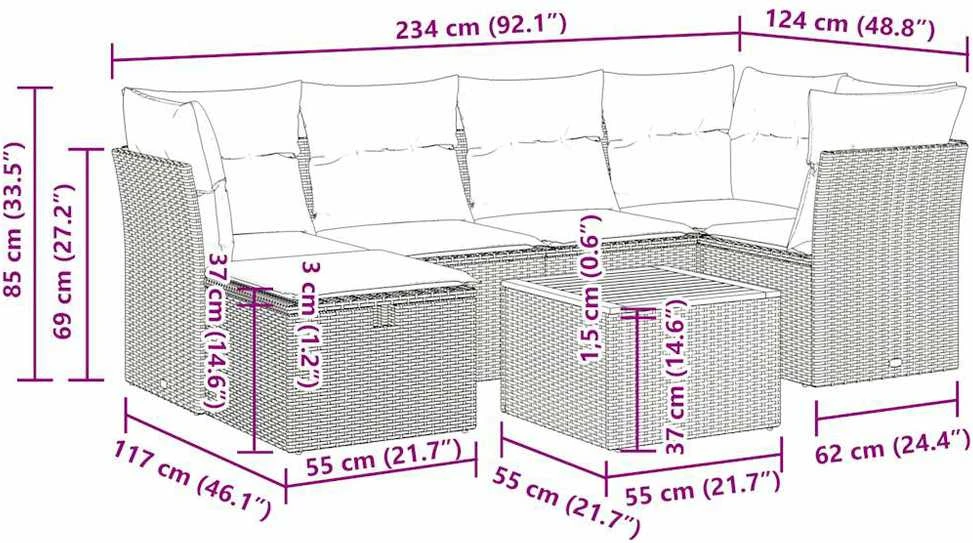 Lauko baldų komplektas Sofos komplektas su pagalvėlėmis, 7 dalių, smėlio, poliratanas