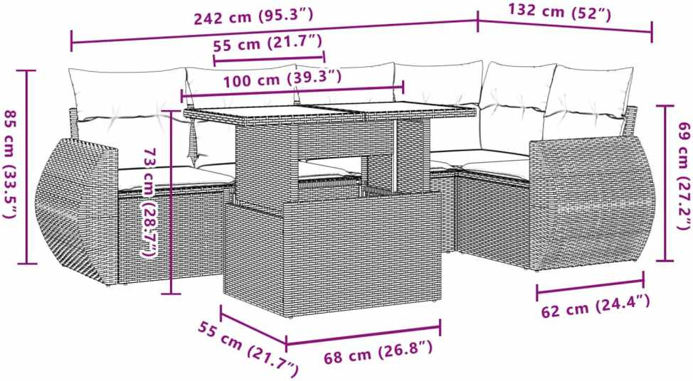 Lauko baldų komplektas Sofos komplektas su pagalvėlėmis, 6 dalių, smėlio, poliratanas