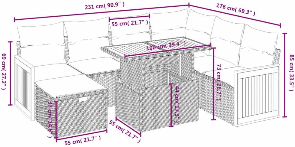 Lauko baldų komplektas Sofos komplektas su pagalvėlėmis, 8 dalių, juodas, poliratanas