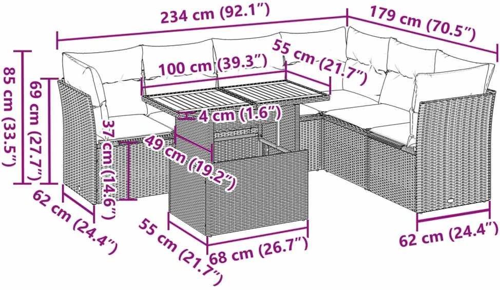 Sofa Sofos komplektas su pagalvėlėmis, 7 dalių, juodas, poliratanas