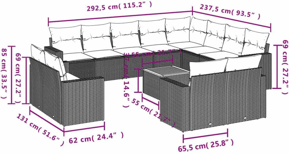 Sofa Sofos komplektas su pagalvėlėmis, 13 dalių, smėlio, poliratanas