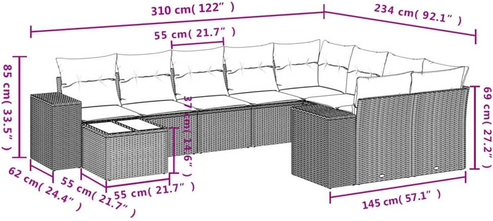 Sofa Sofos komplektas su pagalvėlėmis, 10 dalių, smėlio, poliratanas