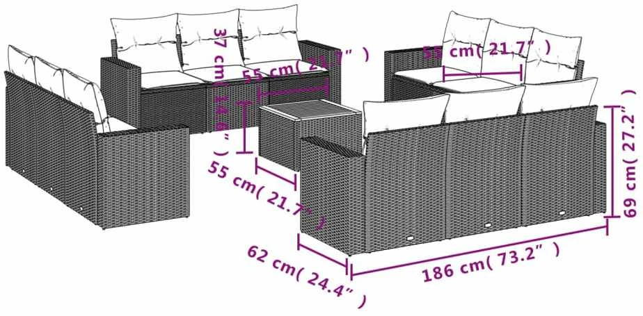Sofa Sofos komplektas su pagalvėlėmis, 13 dalių, smėlio, poliratanas