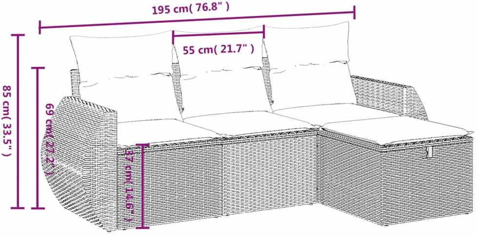 Sofa Sofos komplektas su pagalvėlėmis, 4 dalių, pilkas, poliratanas