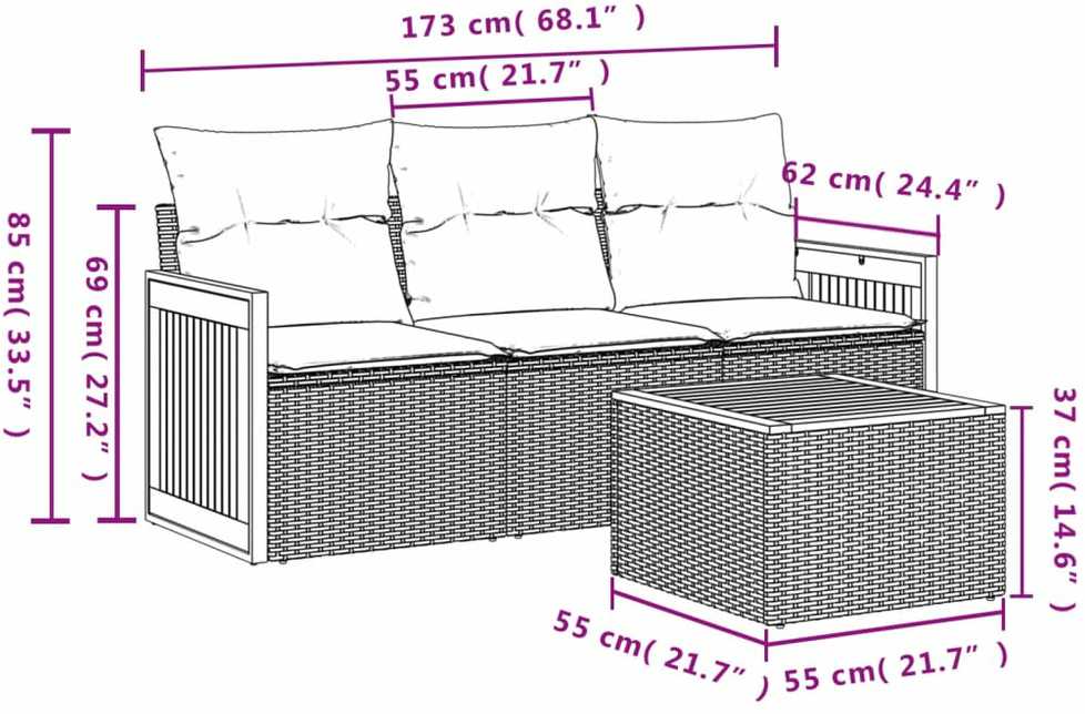 Sofa Sofos komplektas su pagalvėlėmis, 4 dalių, smėlio, poliratanas