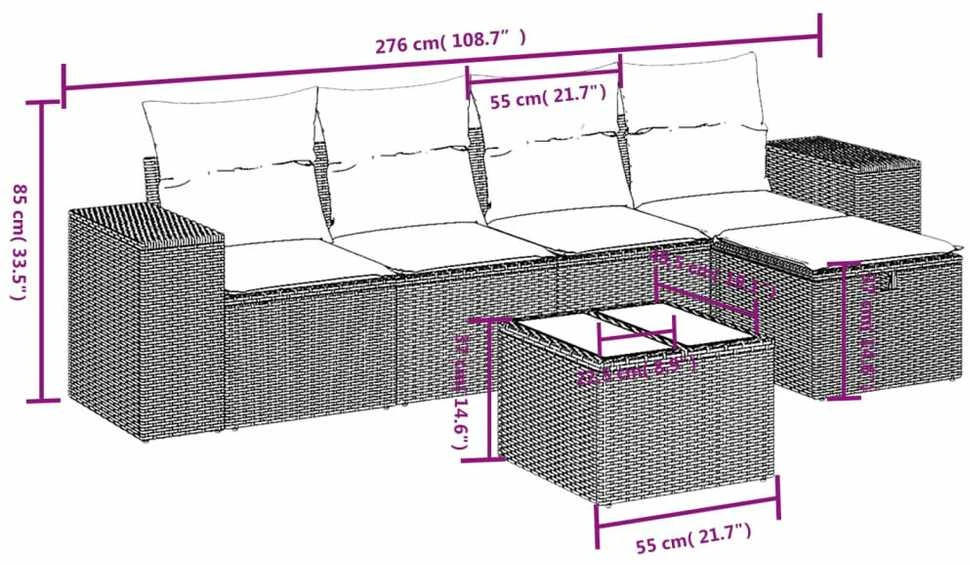 Sofa Sofos komplektas su pagalvėlėmis, 6 dalių, pilkas, poliratanas
