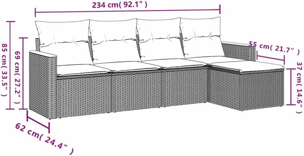 Lauko baldų komplektas Sofos komplektas su pagalvėlėmis, 5 dalių, pilkas, poliratanas