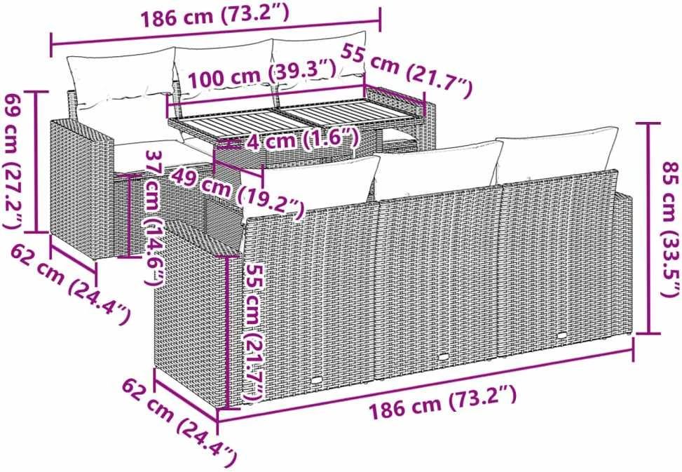 Sofa Sofos komplektas su pagalvėlėmis, 7 dalių, juodas, poliratanas