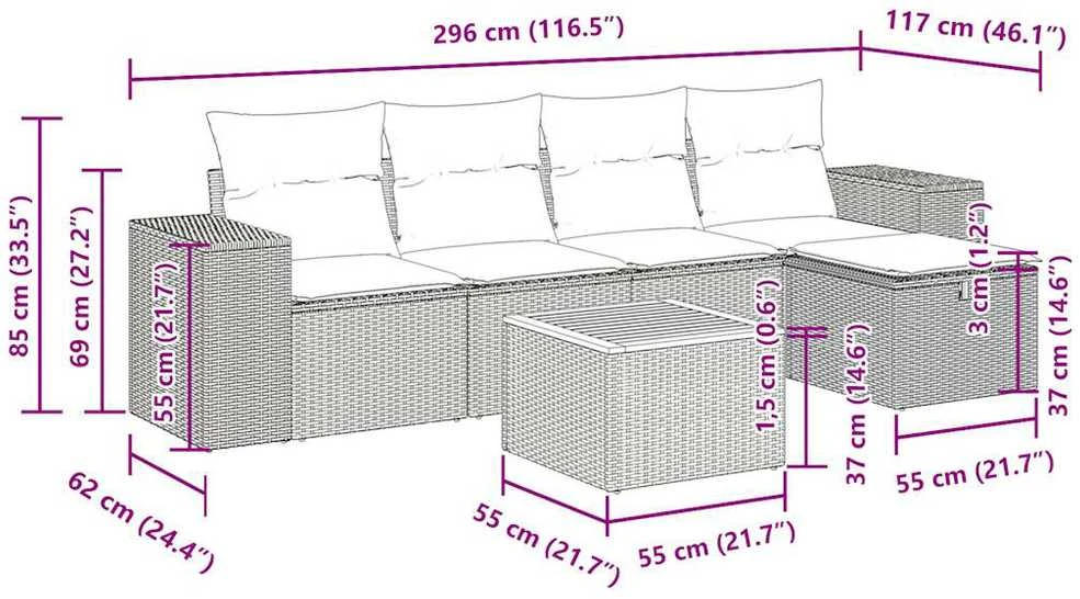 Lauko baldų komplektas Sofos komplektas su pagalvėlėmis, 6 dalių, juodas, poliratanas