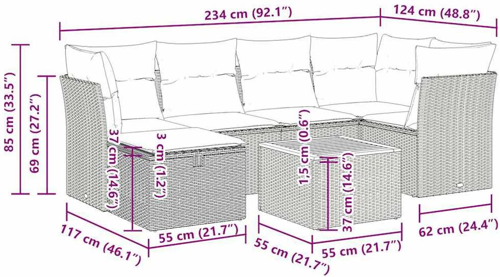 Lauko baldų komplektas Sofos komplektas su pagalvėlėmis, 7 dalių, pilkas, poliratanas