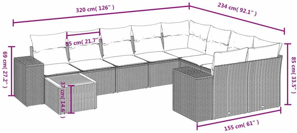 Sofa Sofos komplektas su pagalvėlėmis, 10 dalių, smėlio, poliratanas