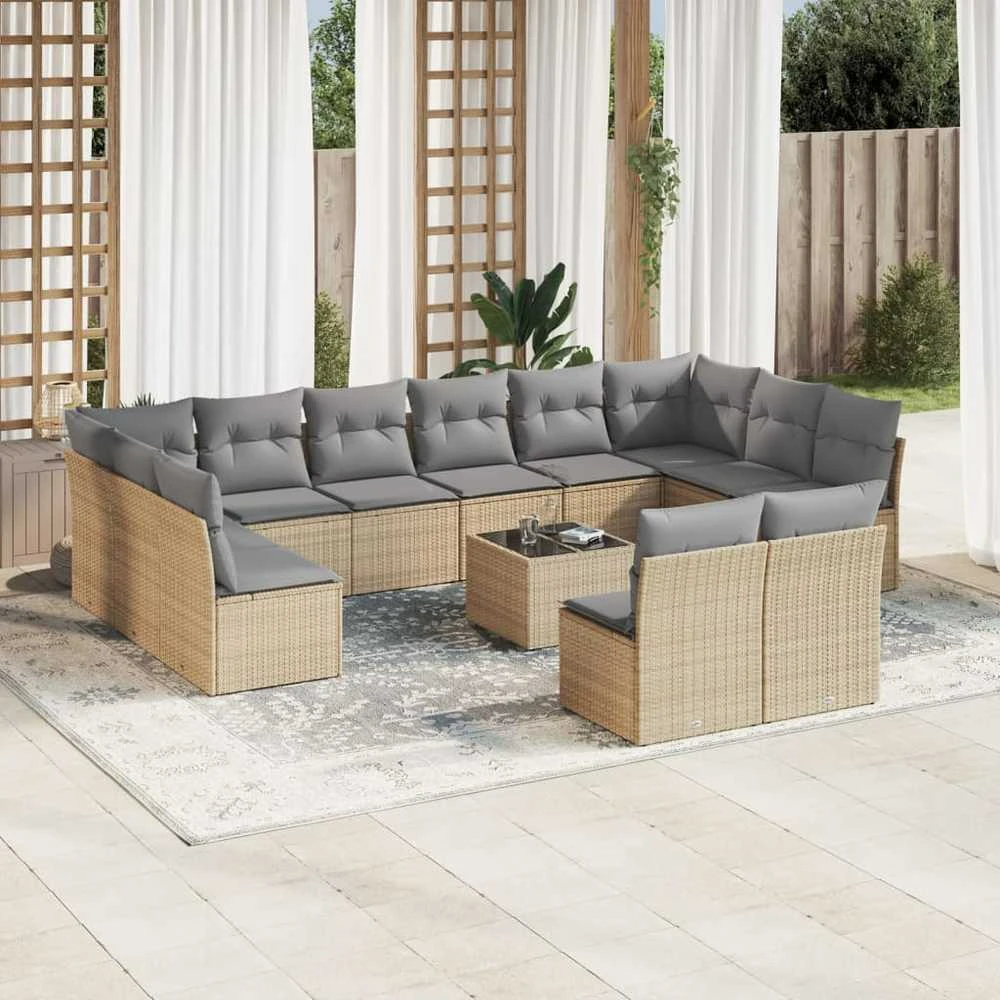 Sofa Sofos komplektas su pagalvėlėmis, 13 dalių, smėlio, poliratanas
