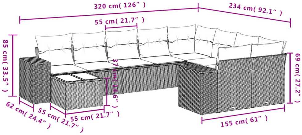 Sofa Sofos komplektas su pagalvėlėmis, 10 dalių, smėlio, poliratanas