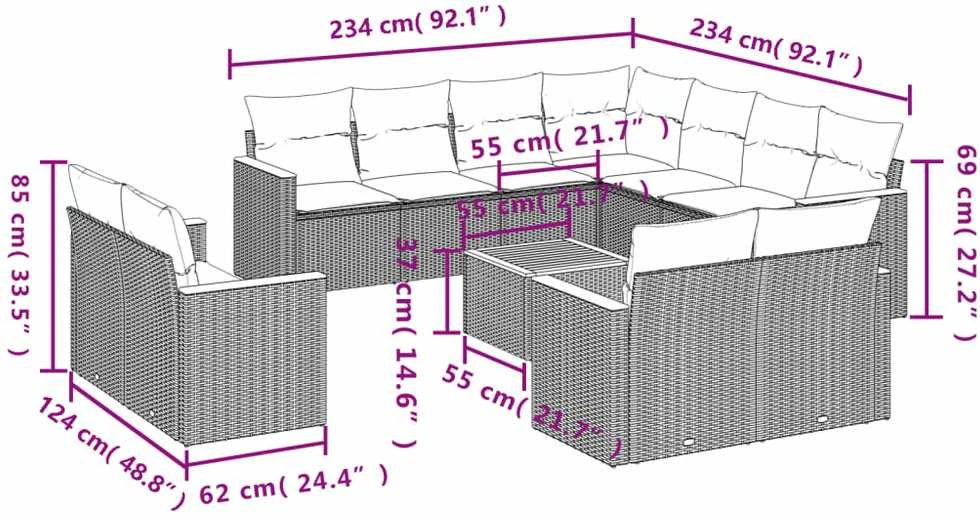 Sofa Sofos komplektas su pagalvėlėmis, 12 dalių, smėlio, poliratanas