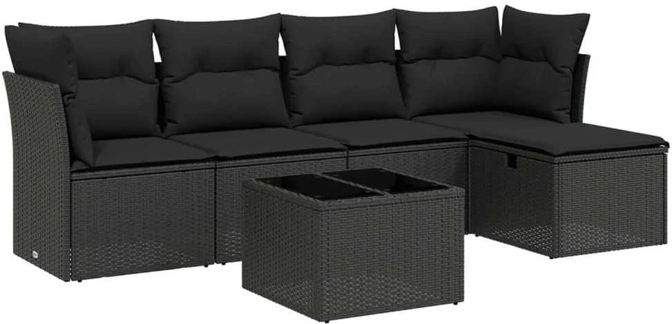 Lauko baldų komplektas Sofos komplektas su pagalvėlėmis, 6 dalių, juodas, poliratanas