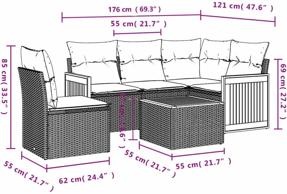 Lauko baldų komplektas Sofos komplektas su pagalvėlėmis, 6 dalių, juodas, poliratanas