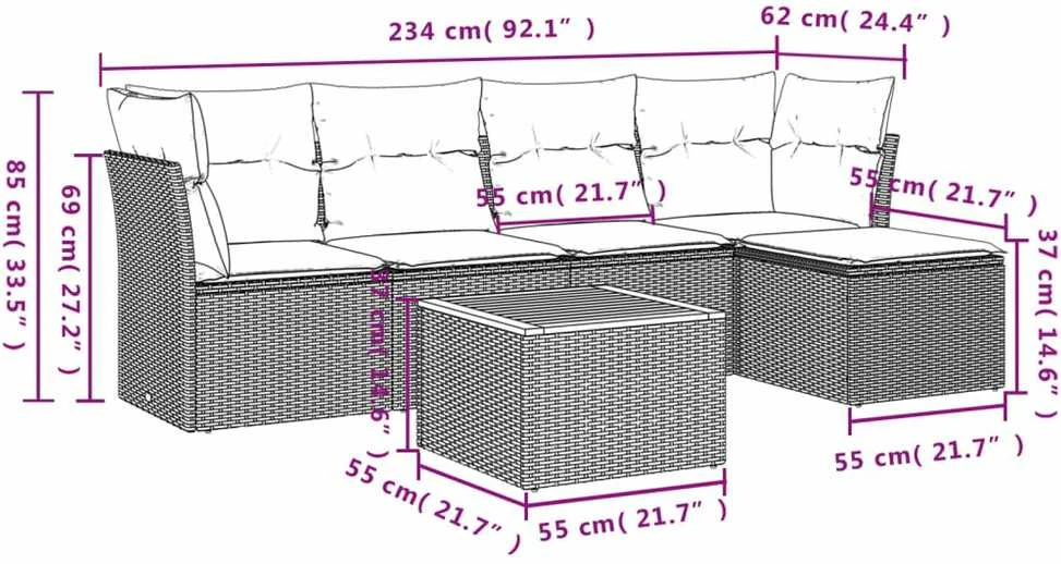 Sofa Sofos komplektas su pagalvėlėmis, 6 dalių, smėlio, poliratanas