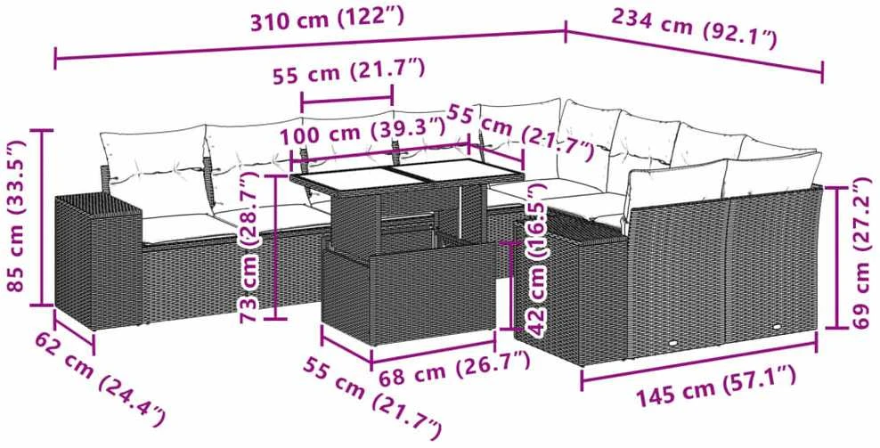 Lauko baldų komplektas Sofos komplektas su pagalvėlėmis, 10 dalių, smėlio, poliratanas