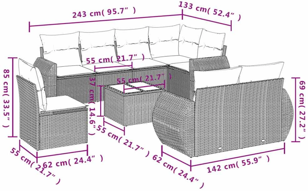 Sofa Sofos komplektas su pagalvėlėmis, 9 dalių, pilkas, poliratanas