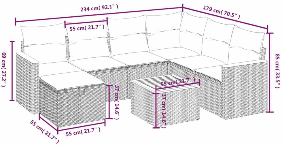 Lauko baldų komplektas Sofos komplektas su pagalvėlėmis, 8 dalių, juodas, poliratanas
