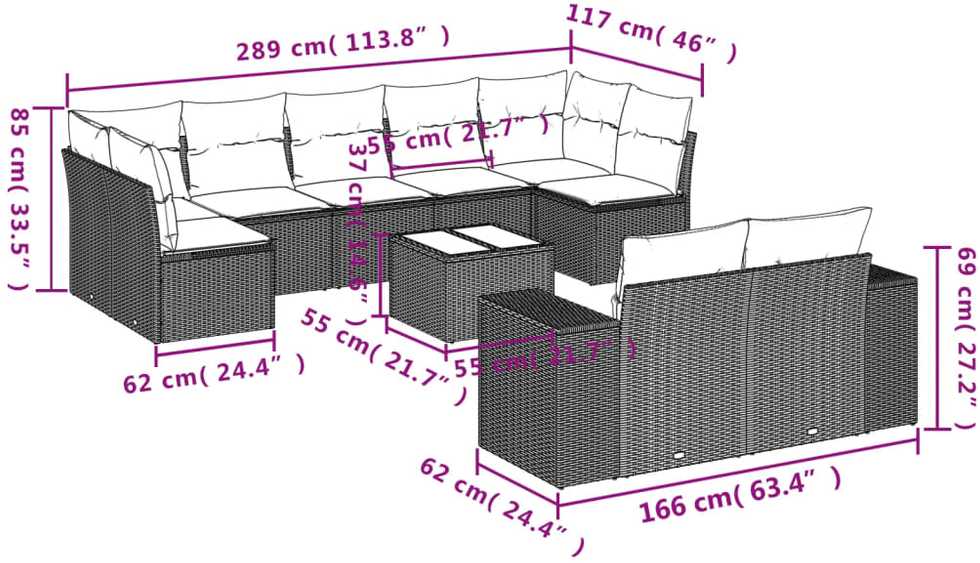 Sofa Sofos komplektas su pagalvėlėmis, 10 dalių, smėlio, poliratanas