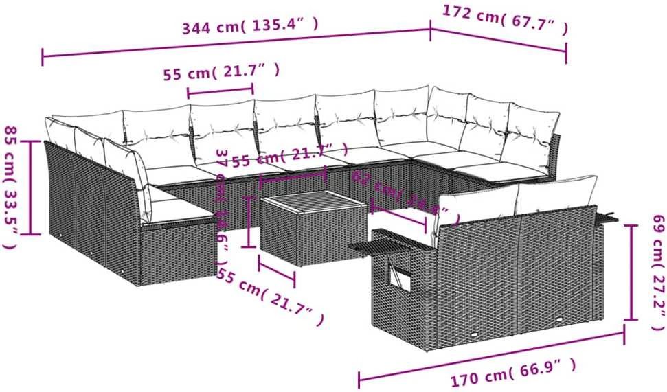 Sofa Sofos komplektas su pagalvėlėmis, 13 dalių, smėlio, poliratanas