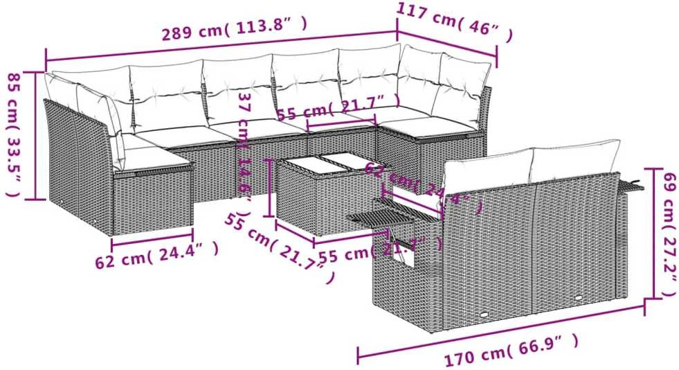 Sofa Sofos komplektas su pagalvėlėmis, 10 dalių, smėlio, poliratanas