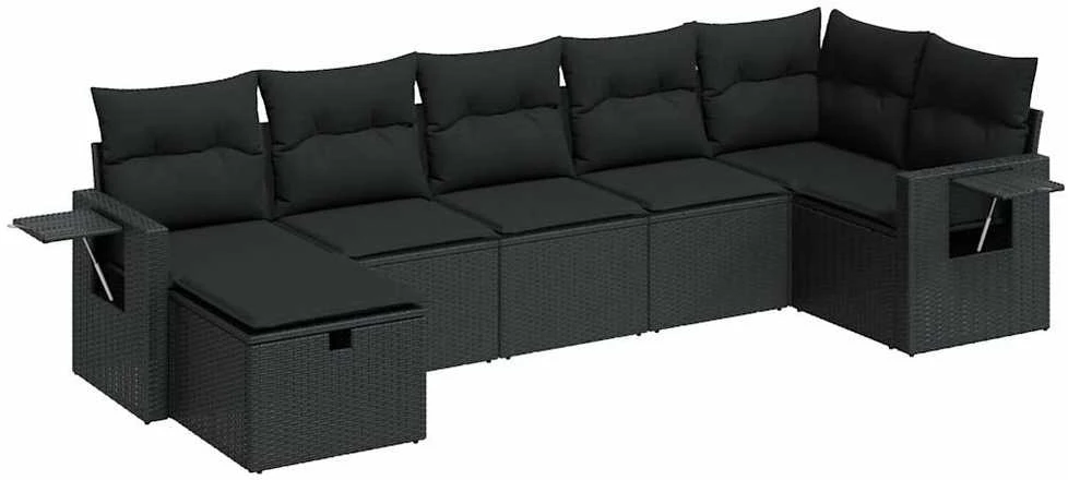 Lauko baldų komplektas Sofos komplektas su pagalvėlėmis, 7 dalių, juodas, poliratanas