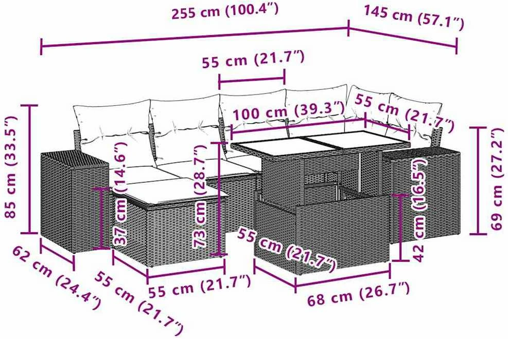 Lauko baldų komplektas Sofos komplektas su pagalvėlėmis, 7 dalių, rudas, poliratanas