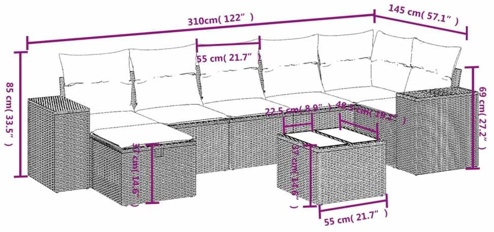Sofa Sofos komplektas su pagalvėlėmis, 8 dalių, juodas, poliratanas