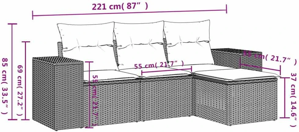 Sofos komplektas su pagalvėlėmis, 4 dalių, rudas, poliratanas