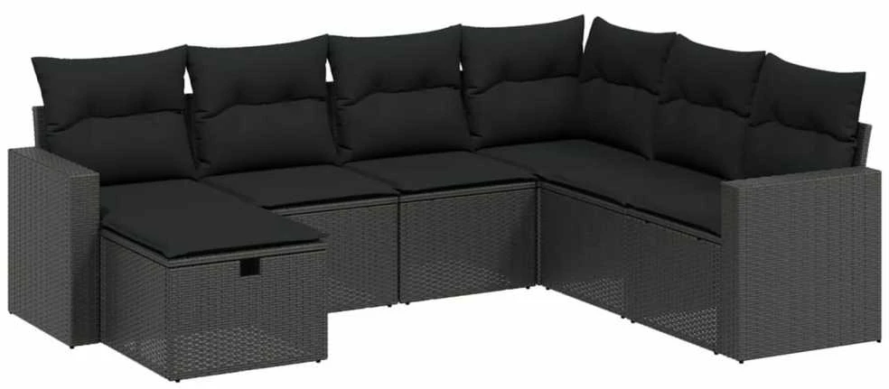 Lauko baldų komplektas Sofos komplektas su pagalvėlėmis, 7 dalių, juodas, poliratanas