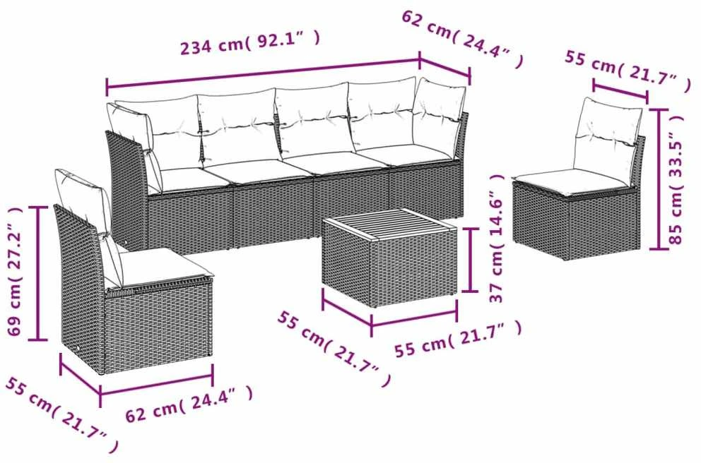Lauko baldų komplektas Sofos komplektas su pagalvėlėmis, 7 dalių, juodas, poliratanas