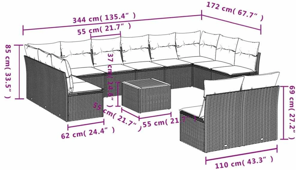 Sofa Sofos komplektas su pagalvėlėmis, 13 dalių, smėlio, poliratanas